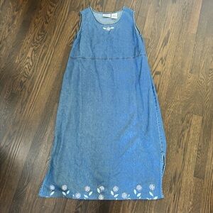 Denim Dress Sz XL Floral Embroidered Cottage Cotton Vtg 90's Erika Collection